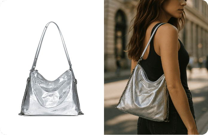 AI-generated product showcase examples for a handbag, cosmetics set, and furniture, each staged in a professional and relevant virtual scene.